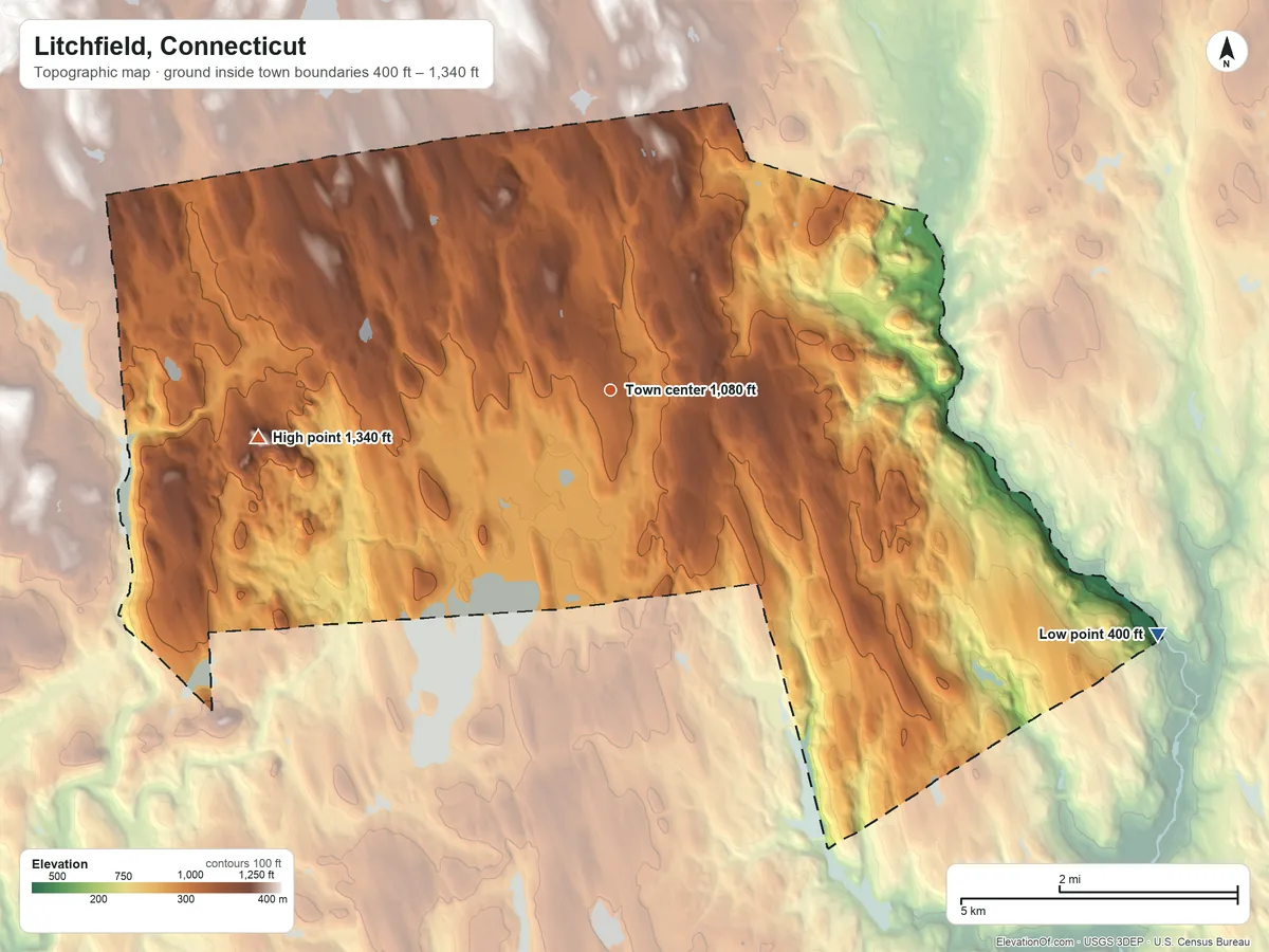 Topographic elevation map of Litchfield, Connecticut, shaded from 400 ft on the southeast side to 1,340 ft on Mount Prospect