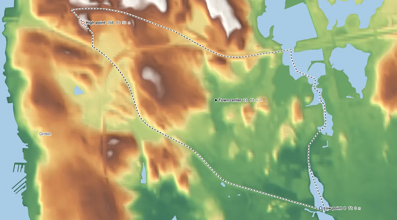Topographic elevation map of Long Hill, Connecticut, shaded from sea level level on Baker Cove to 160 ft on the northwest side
