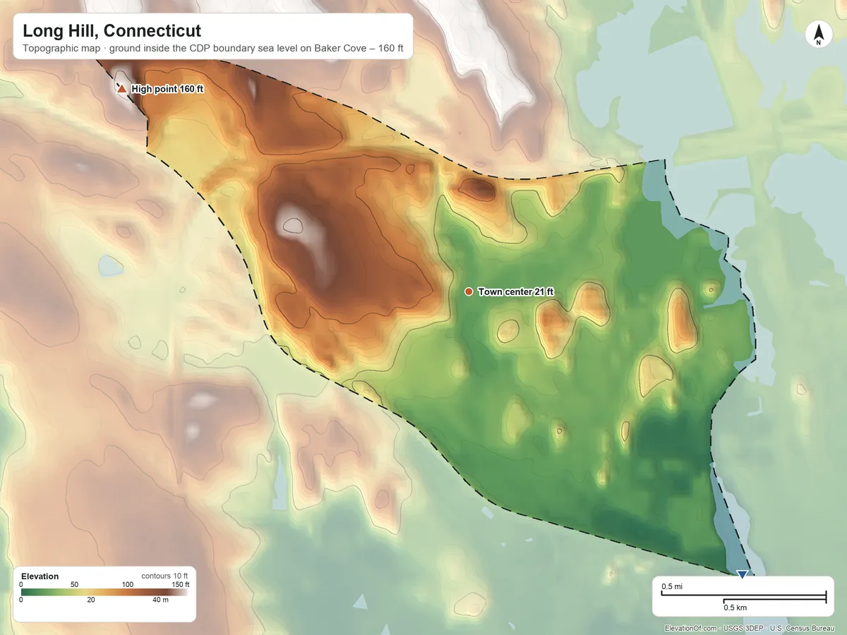 Topographic elevation map of Long Hill, Connecticut, shaded from sea level level on Baker Cove to 160 ft on the northwest side