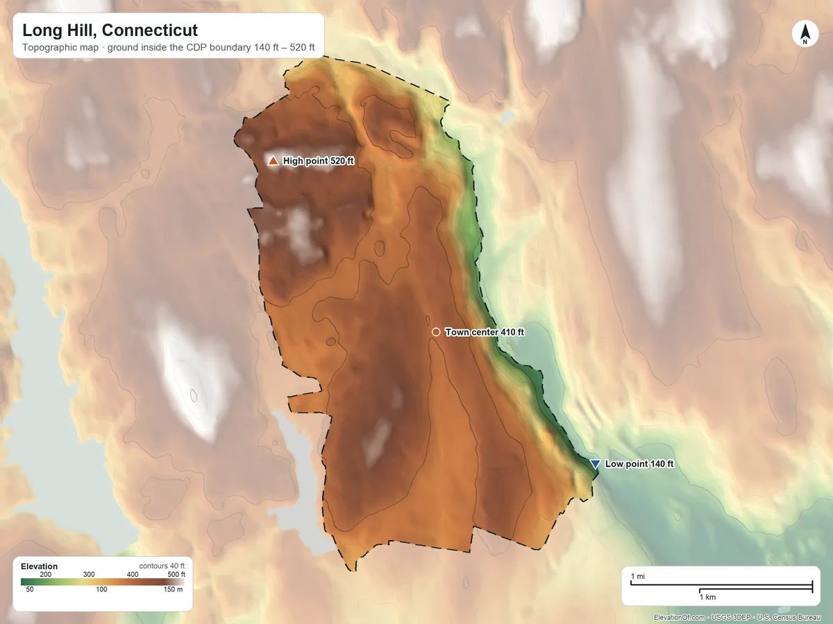 Topographic elevation map of Long Hill, Connecticut, shaded from 140 ft on the southeast side to 520 ft on the northwest side