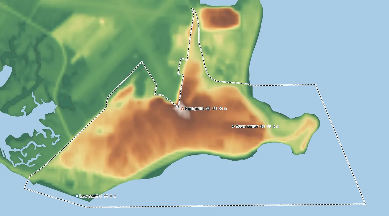 Topographic elevation map of Lordship, Connecticut, shaded from sea level level on the Holly Pond to 38 ft on the west side