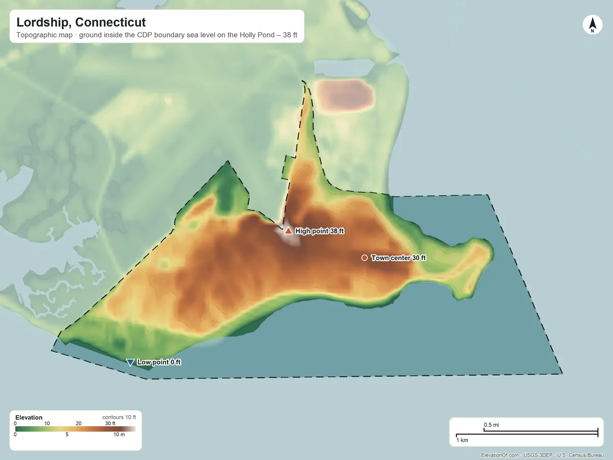 Topographic elevation map of Lordship, Connecticut, shaded from sea level level on the Holly Pond to 38 ft on the west side