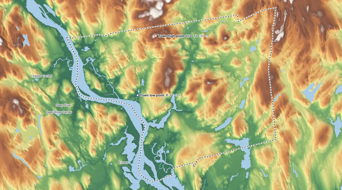 Topographic elevation map of Lyme, Connecticut, shaded from 0 ft on the west side to 460 ft on the northwest side
