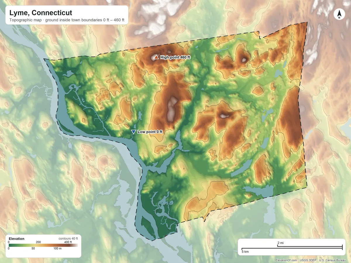 Topographic elevation map of Lyme, Connecticut, shaded from 0 ft on the west side to 460 ft on the northwest side
