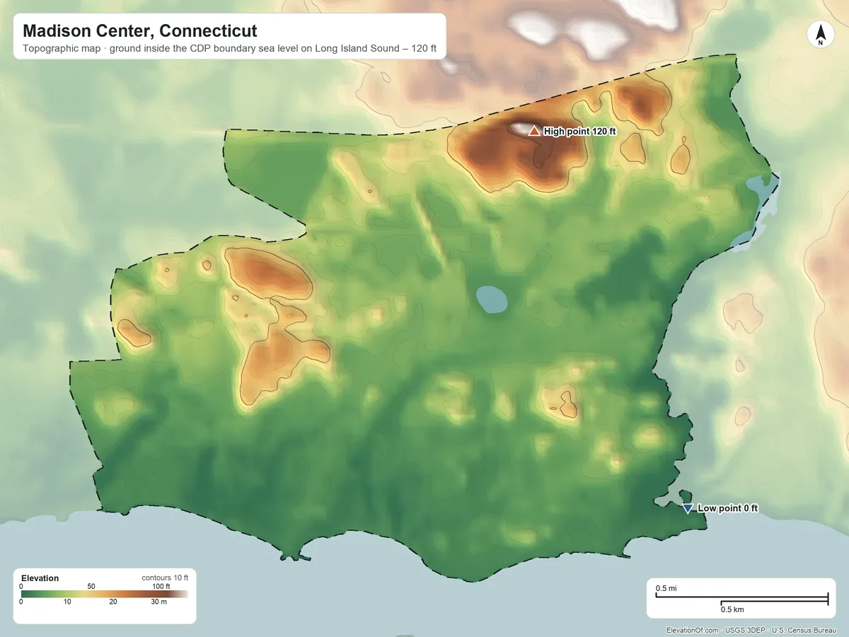 Topographic elevation map of Madison Center, Connecticut, shaded from sea level level on Long Island Sound to 120 ft on the northeast side