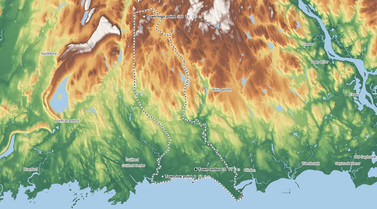 Topographic elevation map of Madison, Connecticut, shaded from sea level level on Long Island Sound to 580 ft on the north side