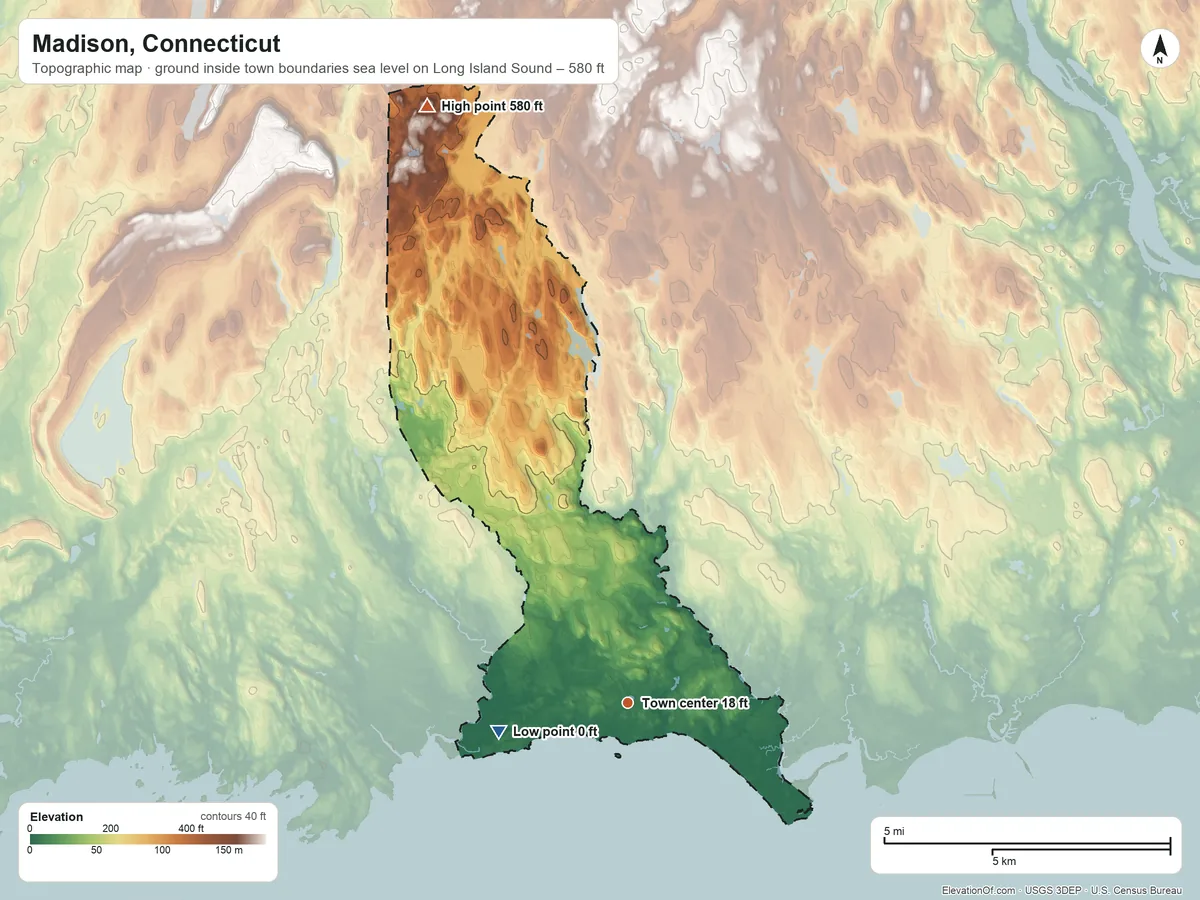 Topographic elevation map of Madison, Connecticut, shaded from sea level level on Long Island Sound to 580 ft on the north side