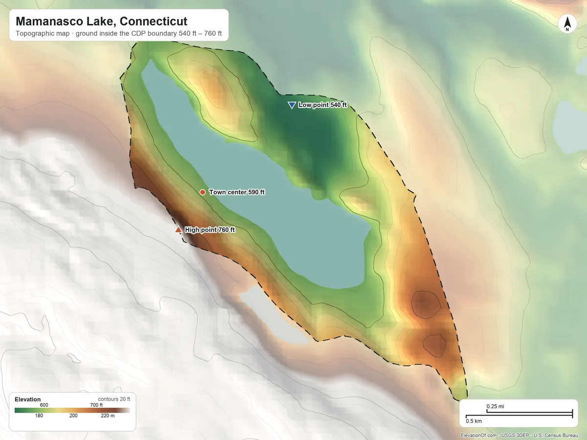 Topographic elevation map of Mamanasco Lake, Connecticut, shaded from 540 ft on the northeast side to 760 ft near the middle