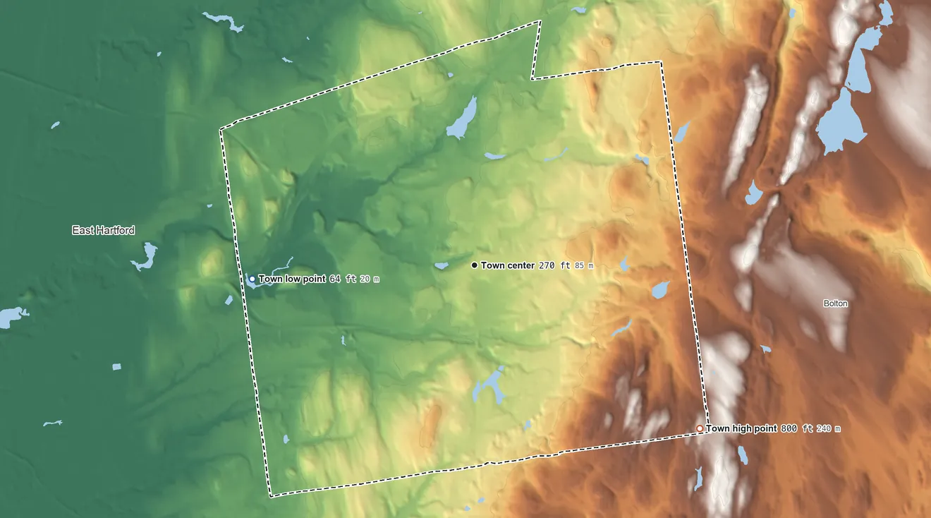 Topographic elevation map of Manchester, Connecticut, shaded from 64 ft on the west side to 800 ft on the southeast side