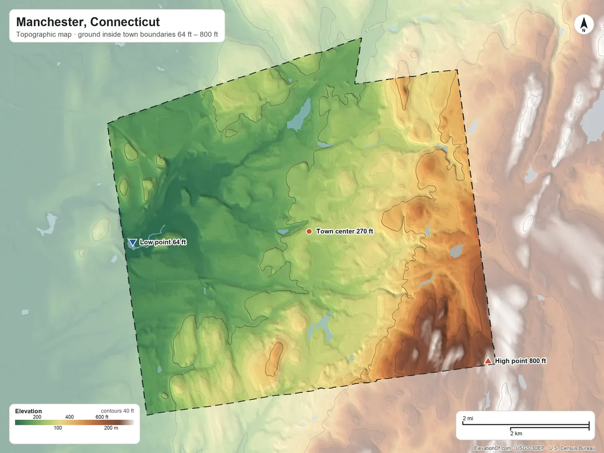 Topographic elevation map of Manchester, Connecticut, shaded from 64 ft on the west side to 800 ft on the southeast side