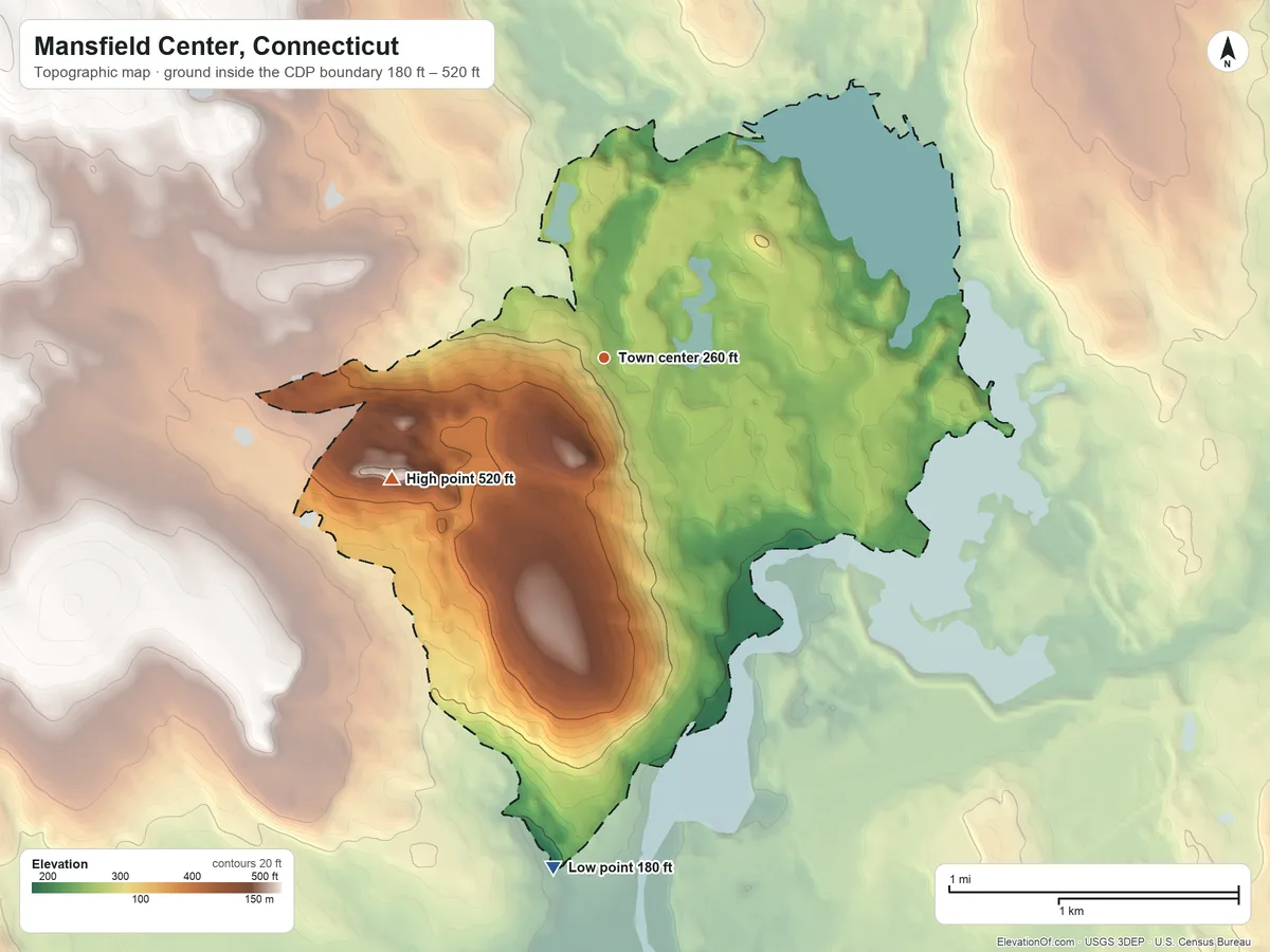 Topographic elevation map of Mansfield Center, Connecticut, shaded from 180 ft on the south side to 520 ft on Wolf Rock