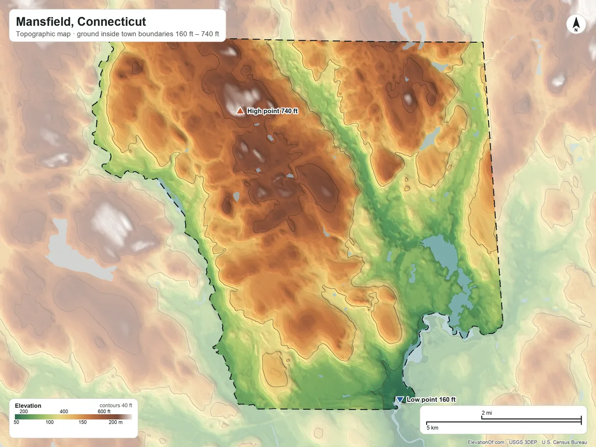 Topographic elevation map of Mansfield, Connecticut, shaded from 160 ft on the southeast side to 740 ft on the northwest side
