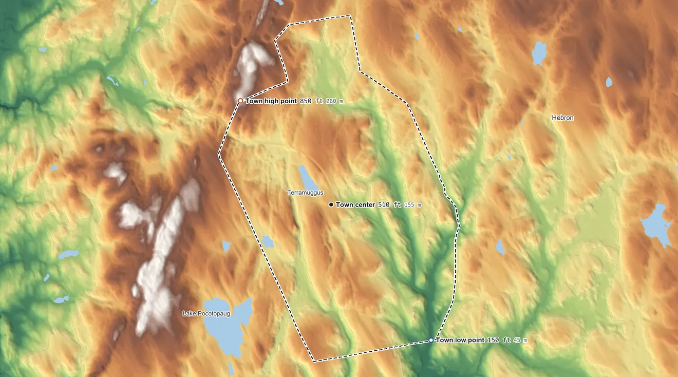 Topographic elevation map of Marlborough, Connecticut, shaded from 150 ft on the southeast side to 850 ft on the northwest side