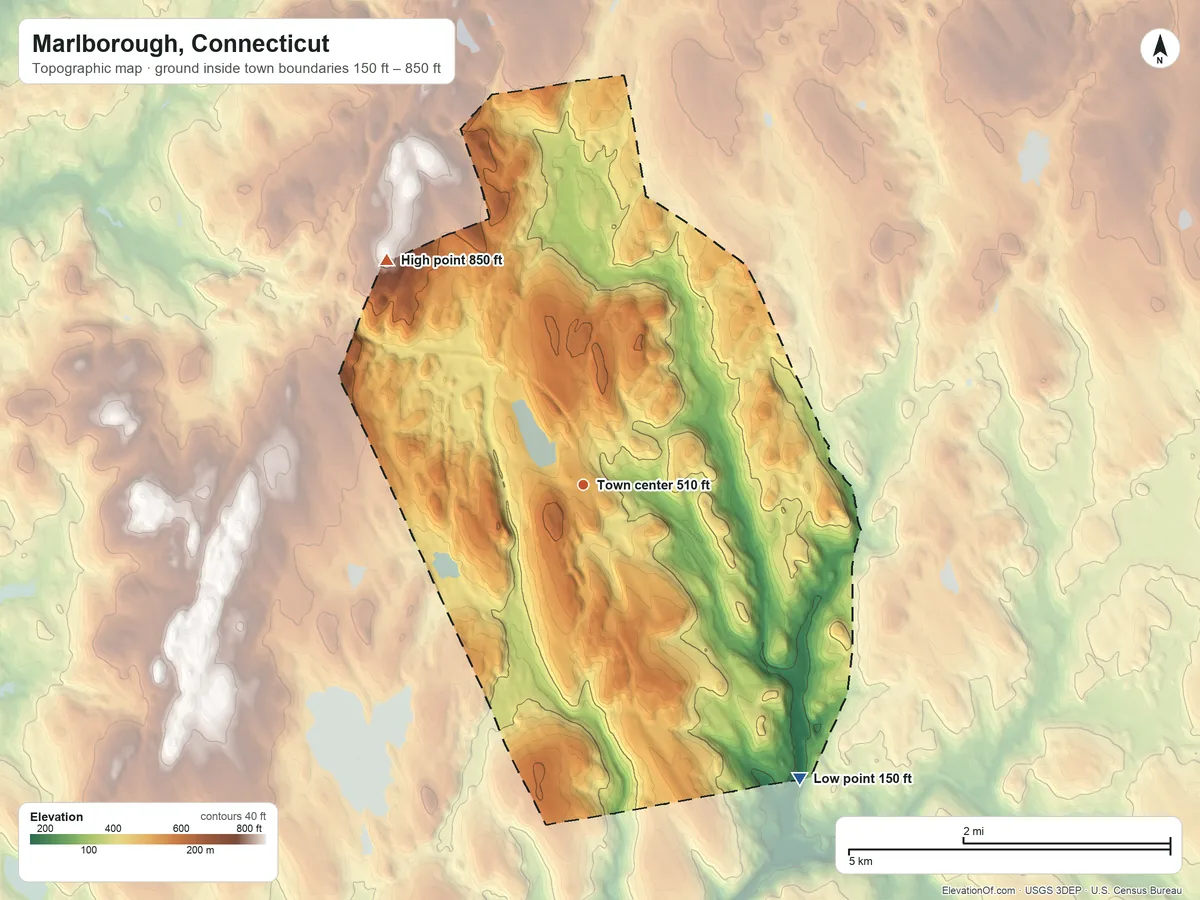 Topographic elevation map of Marlborough, Connecticut, shaded from 150 ft on the southeast side to 850 ft on the northwest side