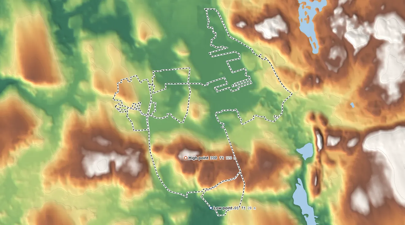 Topographic elevation map of Mashantucket, Connecticut, shaded from 91 ft on the southeast side to 390 ft on the southeast side