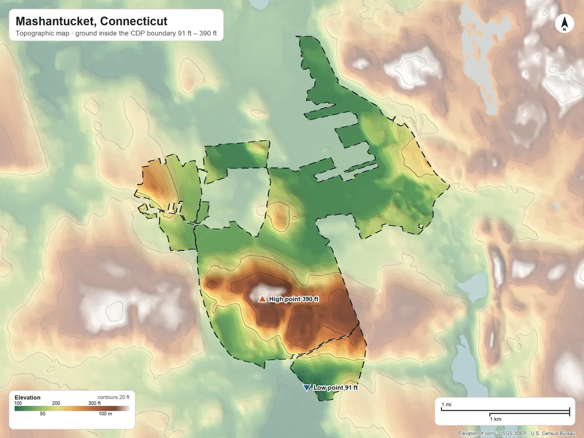 Topographic elevation map of Mashantucket, Connecticut, shaded from 91 ft on the southeast side to 390 ft on the southeast side