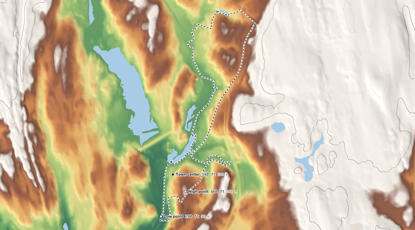 Topographic elevation map of Mechanicsville, Connecticut, shaded from 290 ft on the south side to 460 ft near the middle