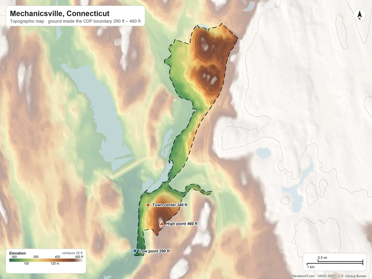Topographic elevation map of Mechanicsville, Connecticut, shaded from 290 ft on the south side to 460 ft near the middle