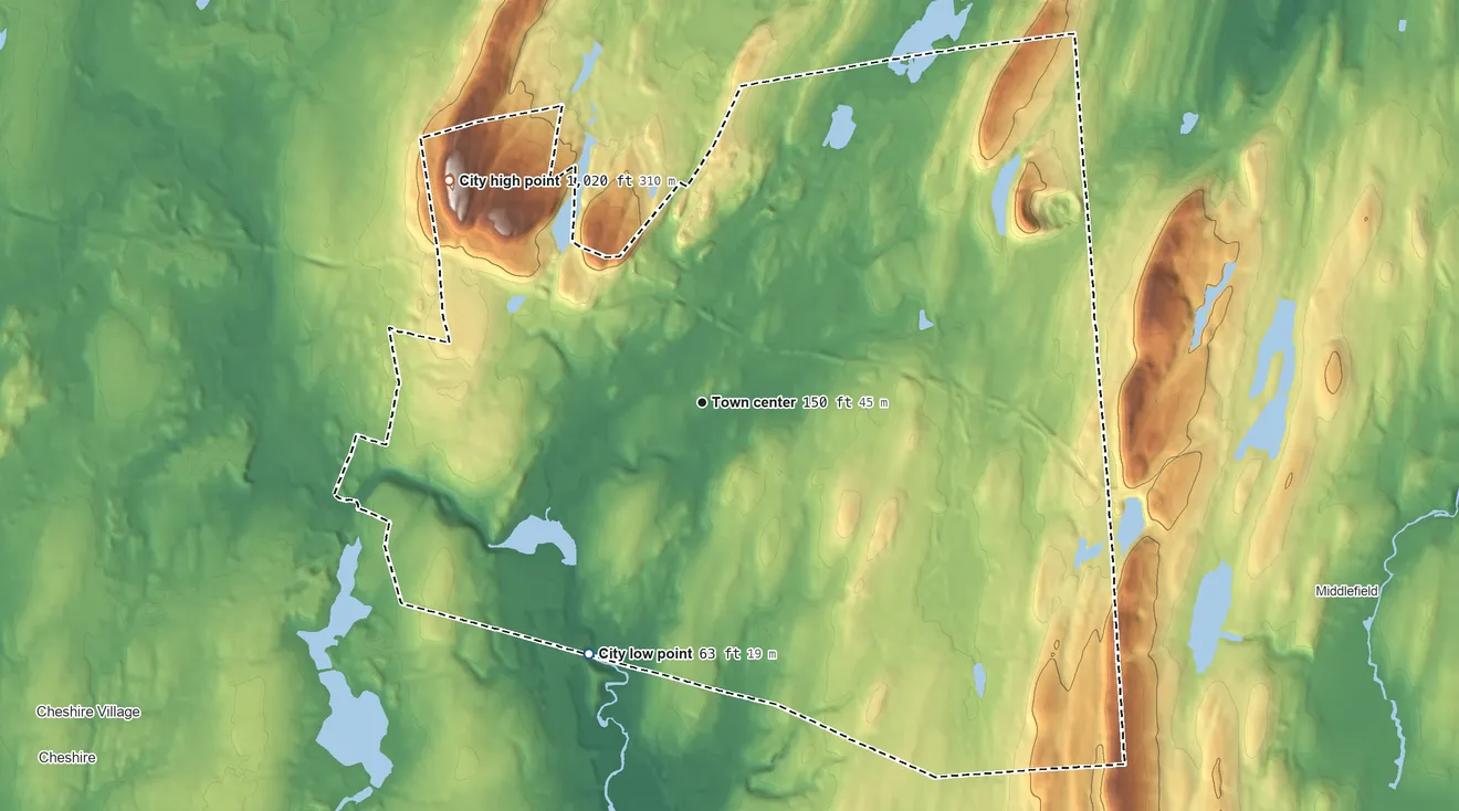 Topographic elevation map of Meriden, Connecticut, shaded from 63 ft on the southwest side to 1,020 ft on West Peak