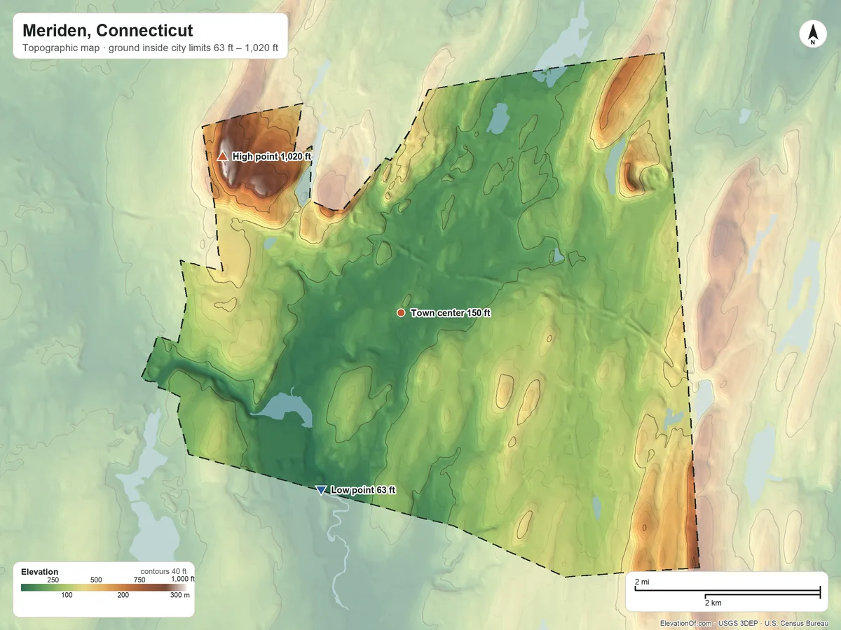 Topographic elevation map of Meriden, Connecticut, shaded from 63 ft on the southwest side to 1,020 ft on West Peak