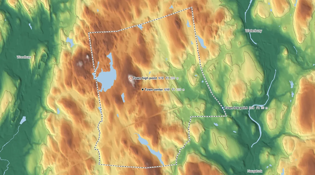 Topographic elevation map of Middlebury, Connecticut, shaded from 310 ft on the east side to 969 ft on Great Hill