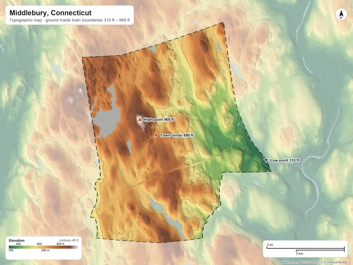 Topographic elevation map of Middlebury, Connecticut, shaded from 310 ft on the east side to 969 ft on Great Hill