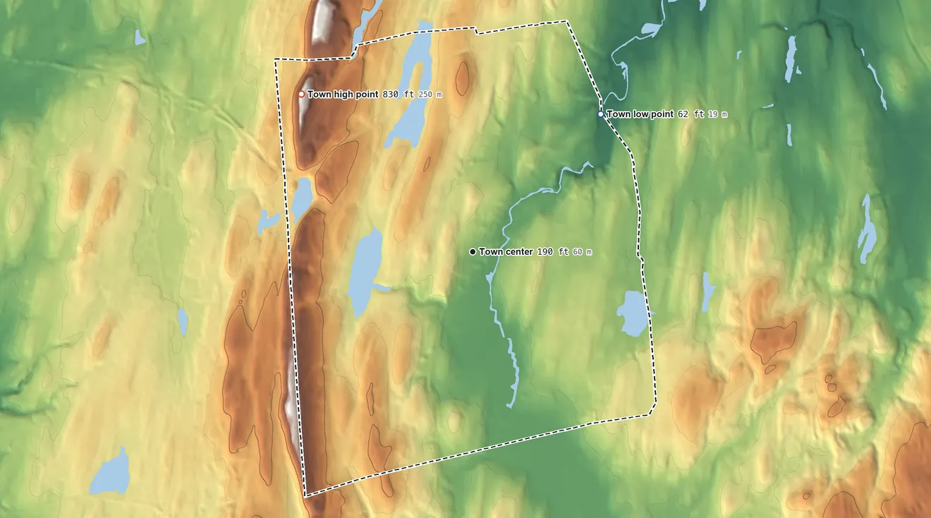 Topographic elevation map of Middlefield, Connecticut, shaded from 62 ft on the northeast side to 830 ft on the northwest side