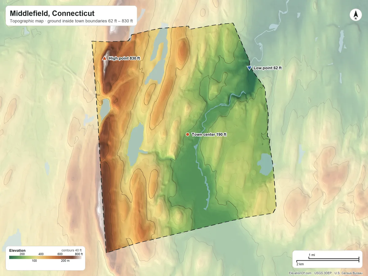 Topographic elevation map of Middlefield, Connecticut, shaded from 62 ft on the northeast side to 830 ft on the northwest side