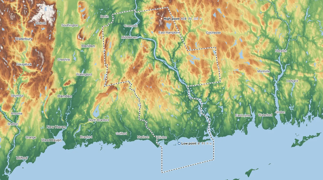 Topographic elevation map of Middlesex County, Connecticut, shaded from sea level on Long Island Sound to 910 ft on the north side