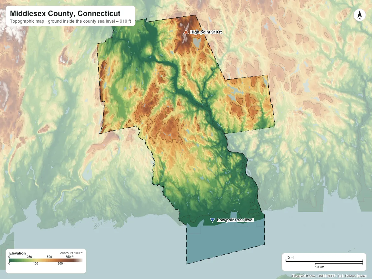 Topographic elevation map of Middlesex County, Connecticut, shaded from sea level on Long Island Sound to 910 ft on the north side