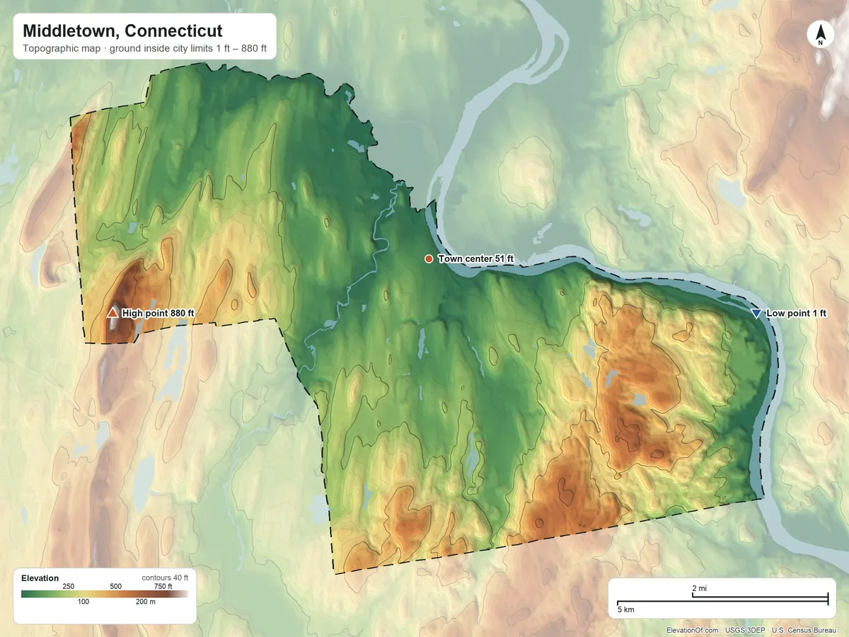 Topographic elevation map of Middletown, Connecticut, shaded from 1 ft on the east side to 880 ft on Higby Mountain