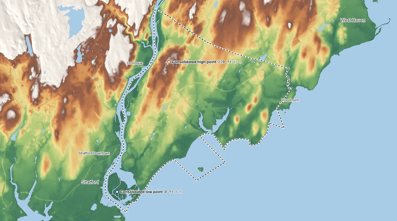 Topographic elevation map of Milford, Connecticut, shaded from sea level level on the Holly Pond to 220 ft on the northwest side