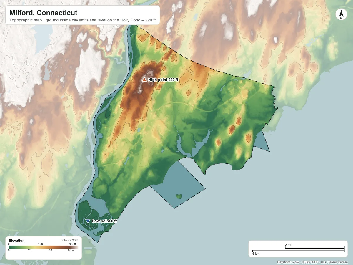 Topographic elevation map of Milford, Connecticut, shaded from sea level level on the Holly Pond to 220 ft on the northwest side
