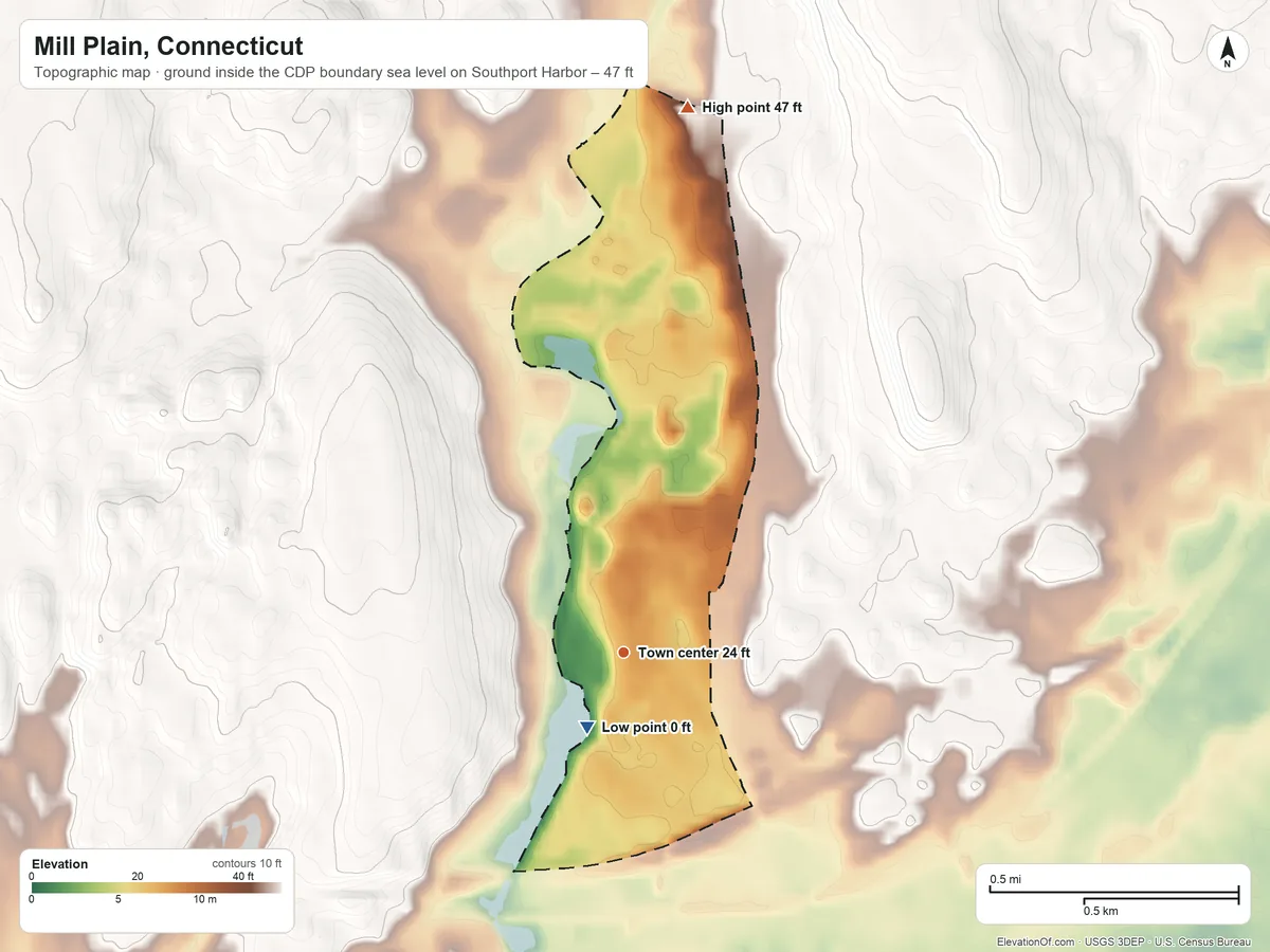 Topographic elevation map of Mill Plain, Connecticut, shaded from sea level level on Southport Harbor to 47 ft on the north side