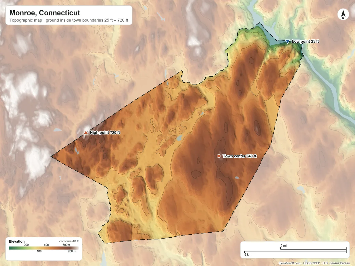 Topographic elevation map of Monroe, Connecticut, shaded from 25 ft on the northeast side to 720 ft on the west side