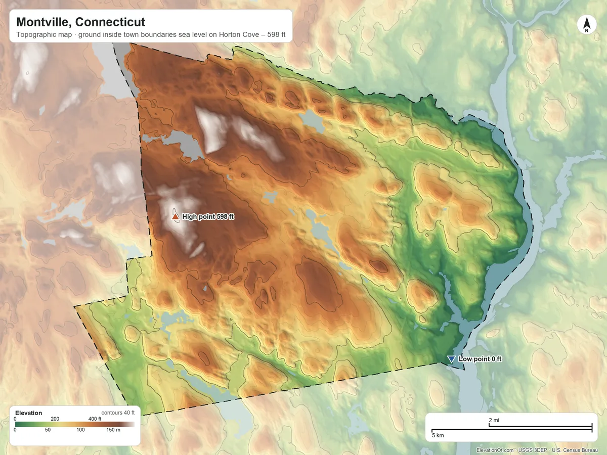 Topographic elevation map of Montville, Connecticut, shaded from sea level level on Horton Cove to 598 ft on Chapel Hill
