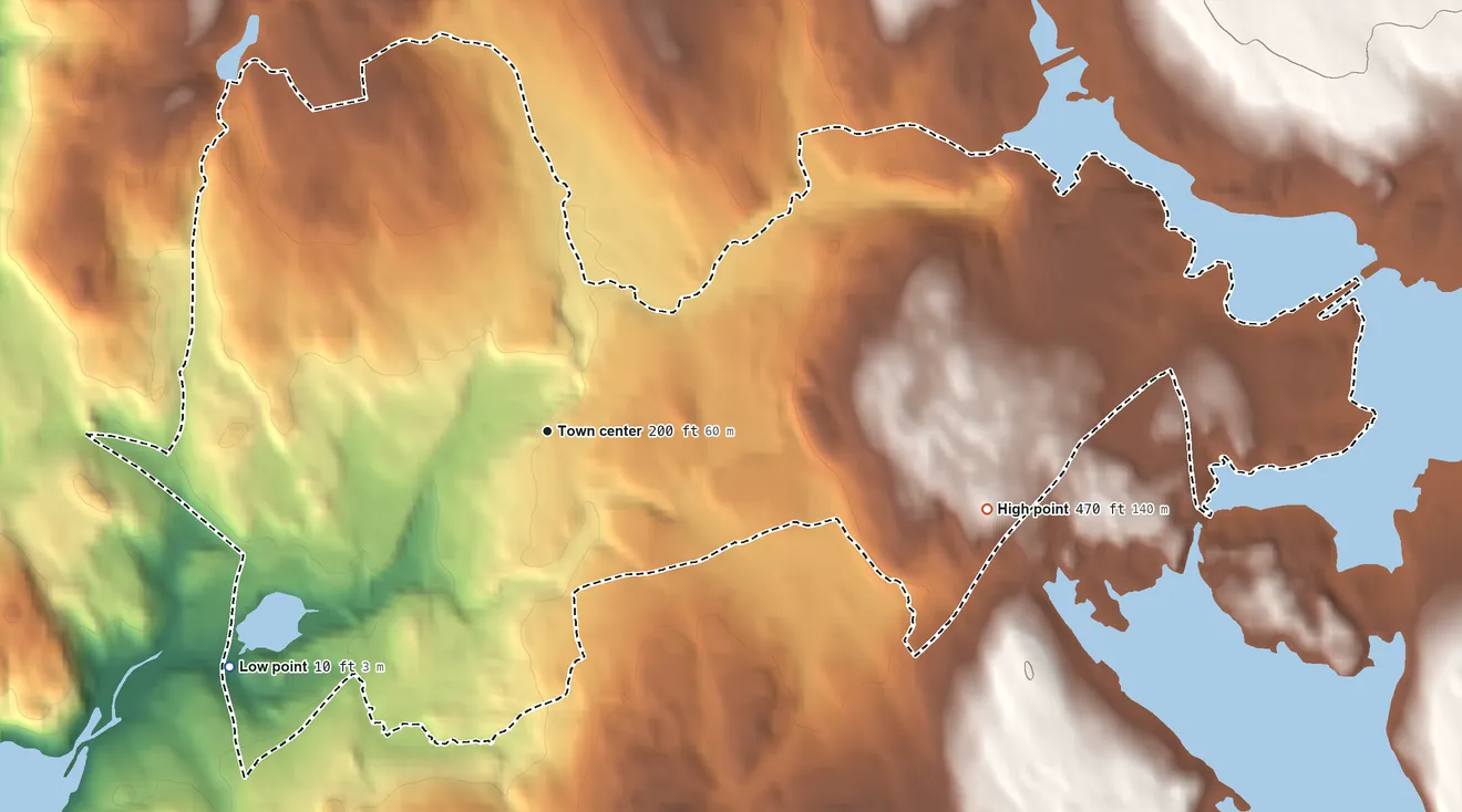Topographic elevation map of Moodus, Connecticut, shaded from 10 ft on the southwest side to 470 ft on the east side