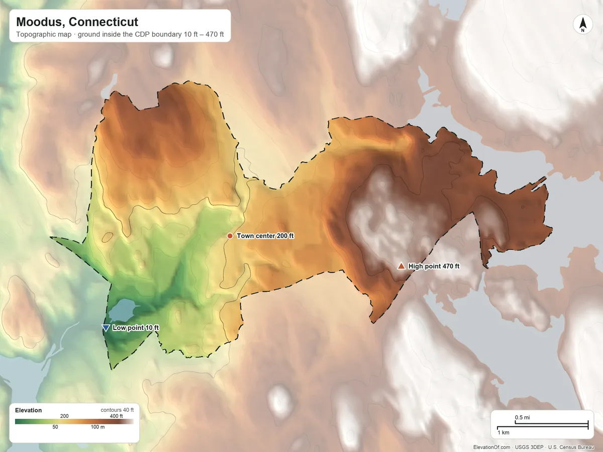 Topographic elevation map of Moodus, Connecticut, shaded from 10 ft on the southwest side to 470 ft on the east side