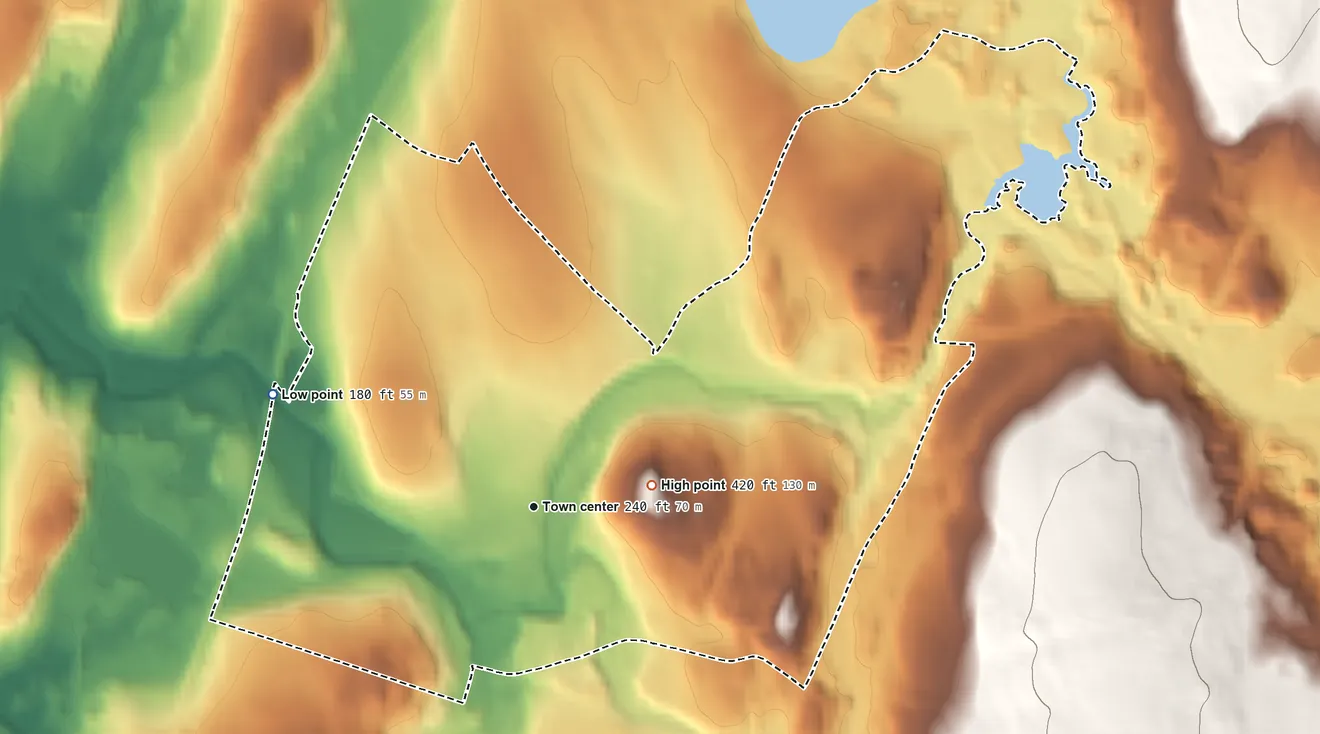 Topographic elevation map of Moosup, Connecticut, shaded from 180 ft on the northwest side to 424 ft on Withey Hill