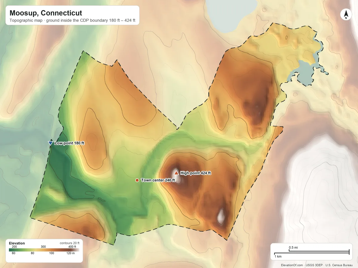 Topographic elevation map of Moosup, Connecticut, shaded from 180 ft on the northwest side to 424 ft on Withey Hill