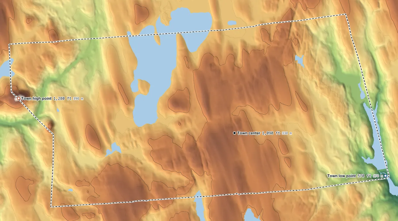 Topographic elevation map of Morris, Connecticut, shaded from 570 ft on the east side to 1,280 ft on Mount Tom