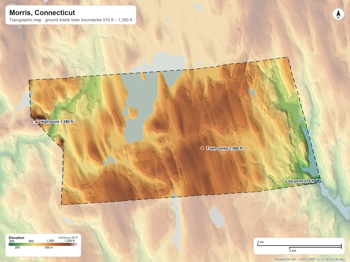 Topographic elevation map of Morris, Connecticut, shaded from 570 ft on the east side to 1,280 ft on Mount Tom