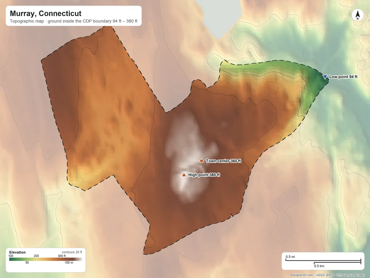 Topographic elevation map of Murray, Connecticut, shaded from 94 ft on the northeast side to 380 ft on Pavement Hill