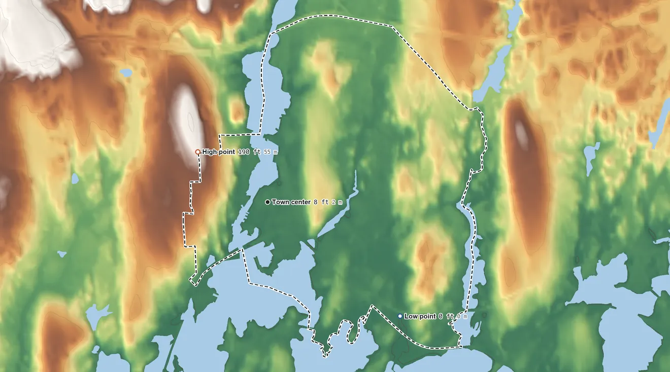 Topographic elevation map of Mystic, Connecticut, shaded from sea level level on Mystic Harbor to 190 ft on the northwest side