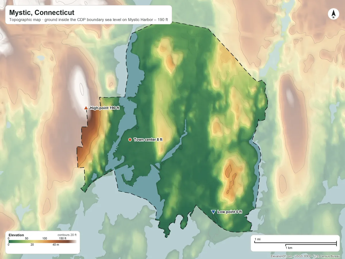 Topographic elevation map of Mystic, Connecticut, shaded from sea level level on Mystic Harbor to 190 ft on the northwest side