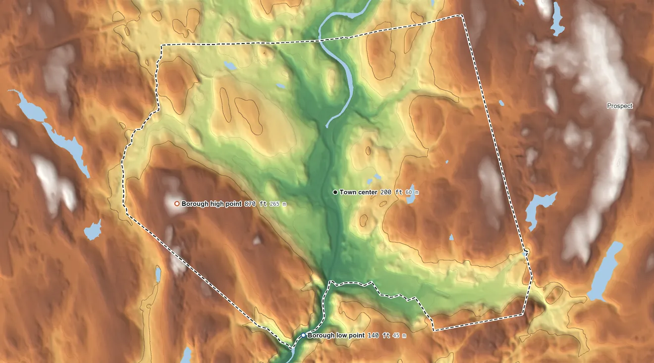 Topographic elevation map of Naugatuck, Connecticut, shaded from 140 ft on the south side to 874 ft on Andrews Hill