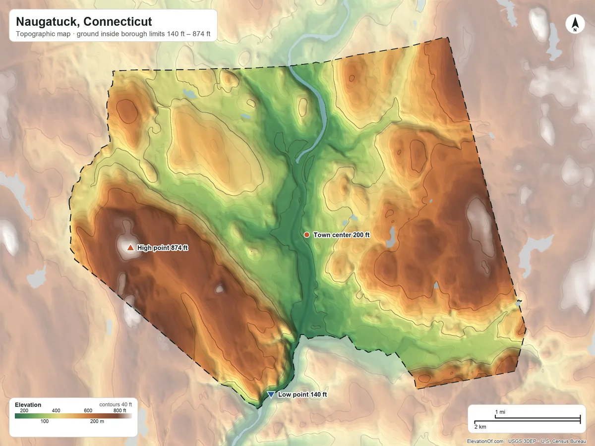 Topographic elevation map of Naugatuck, Connecticut, shaded from 140 ft on the south side to 874 ft on Andrews Hill