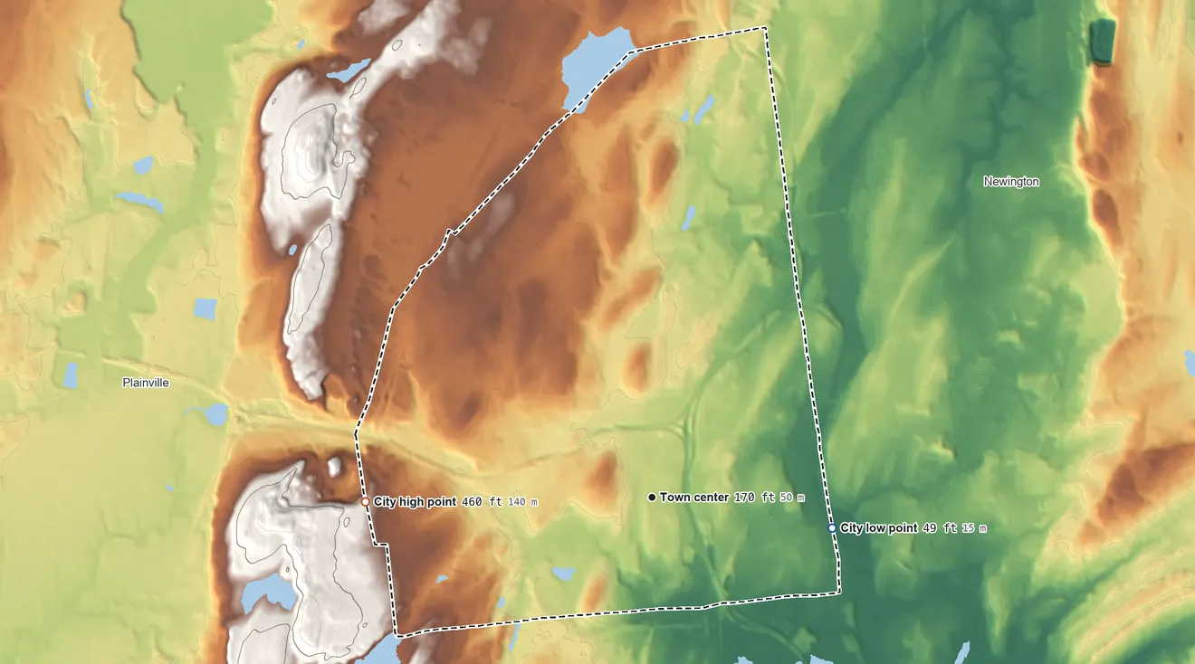 Topographic elevation map of New Britain, Connecticut, shaded from 49 ft on the east side to 460 ft on the west side