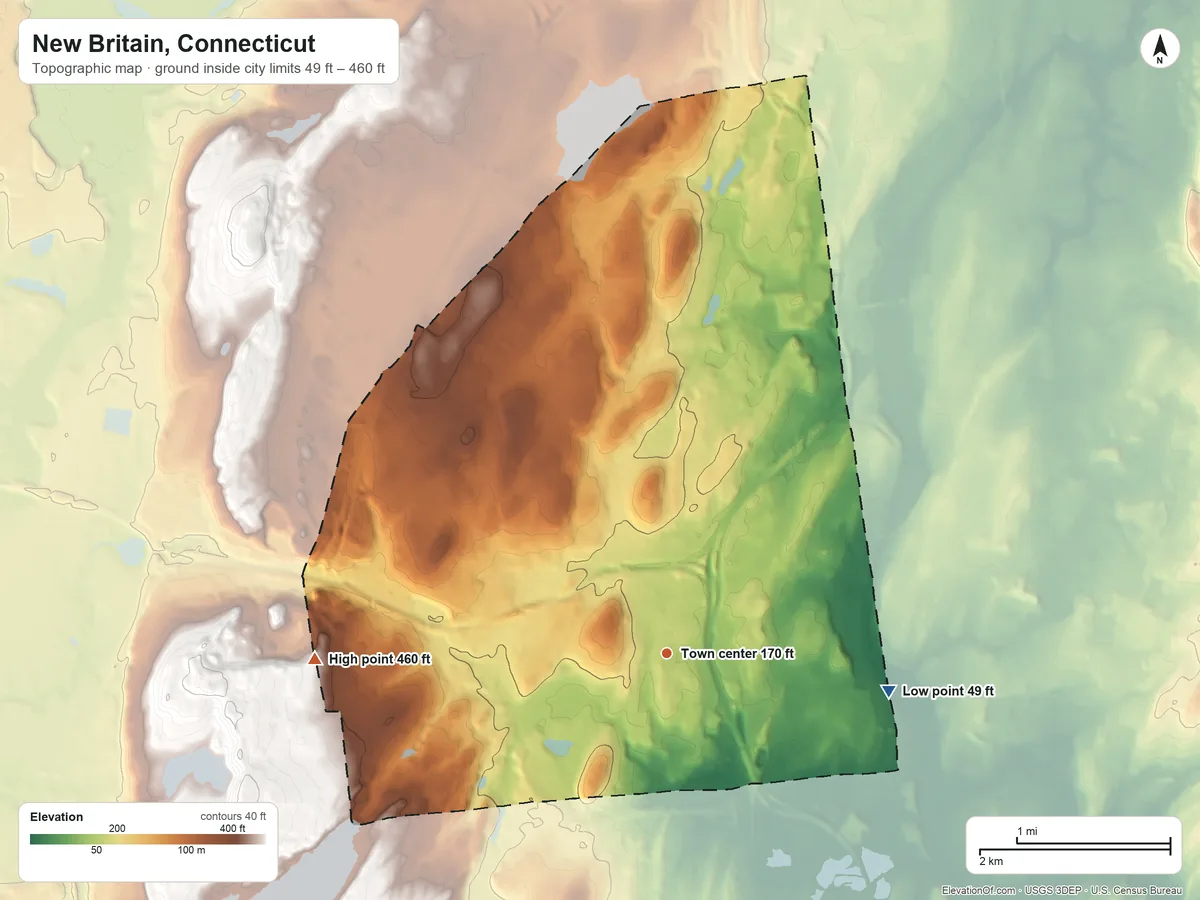 Topographic elevation map of New Britain, Connecticut, shaded from 49 ft on the east side to 460 ft on the west side