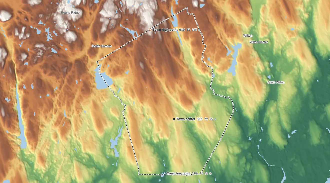 Topographic elevation map of New Canaan, Connecticut, shaded from 100 ft on the south side to 610 ft on the north side